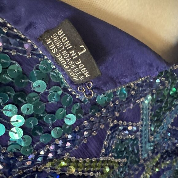 Jakelin Designs Beaded Sequin Top Large Silk Lined Geo Vintage 80s Glam Blue - Picture 9 of 14